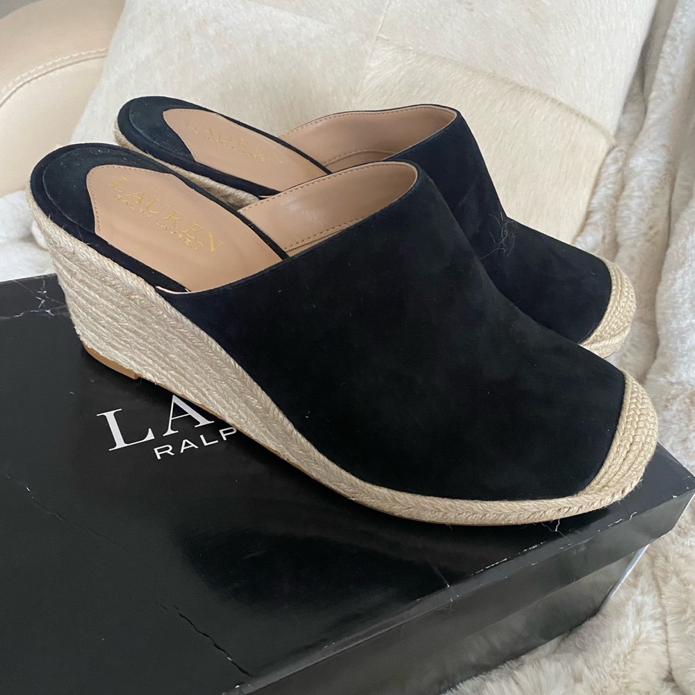 Ralph Lauren Black Suede Wedge Mules